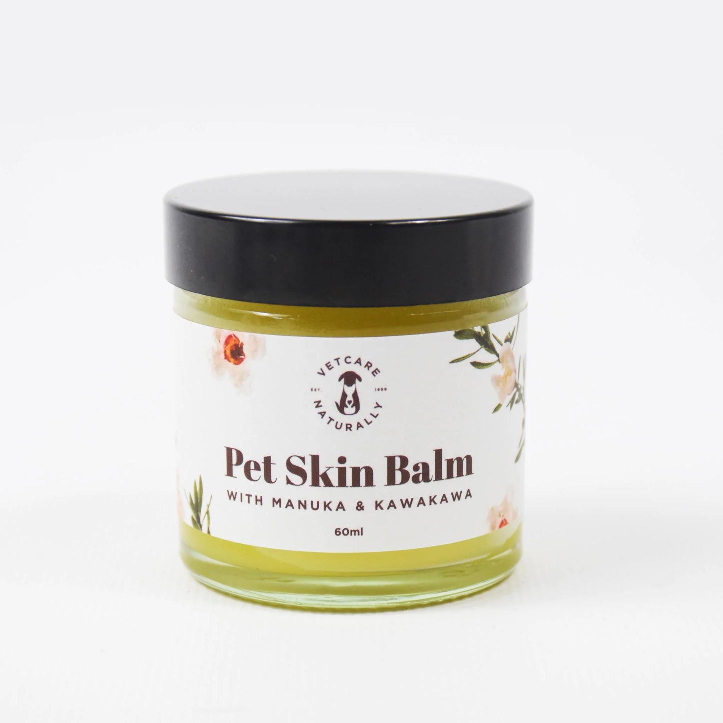 A jar of Vetcare Naturally Pet Skin Balm with Manuka and Kawakawa, labeled and elegantly decorated, containing 60ml of balm.