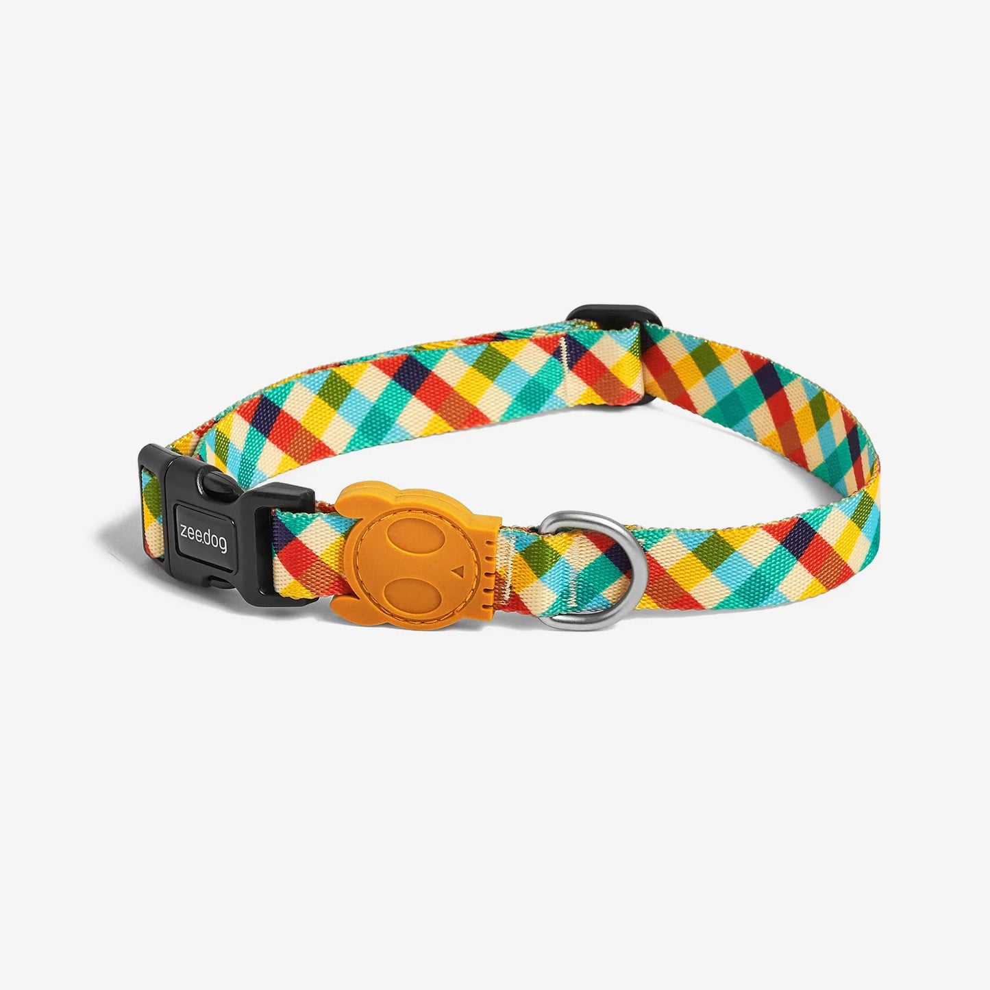 Colourful dog collar featuring a geometric pattern of diamonds in red, yellow, and teal, with a skull-shaped buckle.