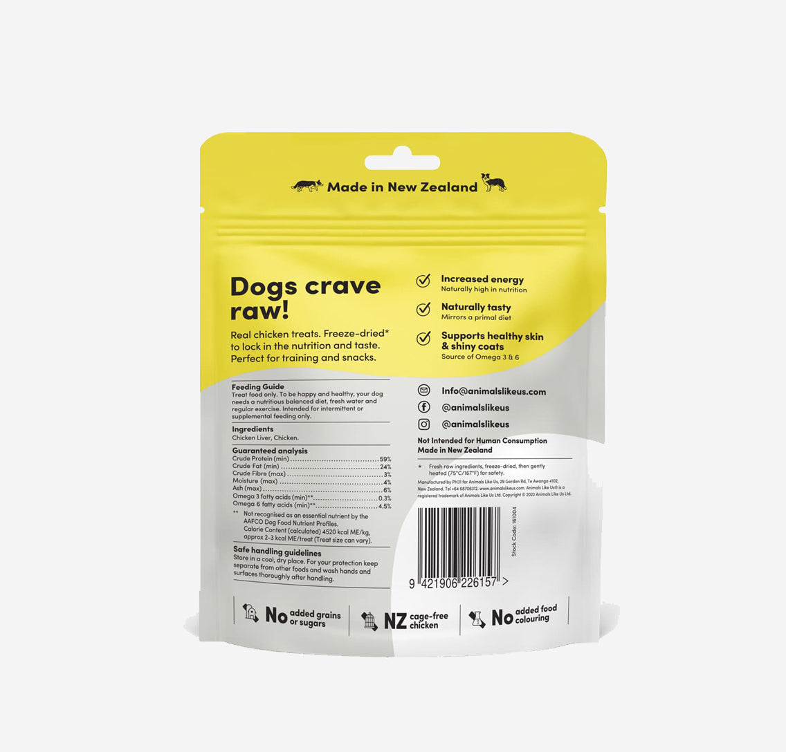 Animals Like Us Good Dog Treats are made of 100% New Zealand raw freeze-dried cage-free chicken organs. The mixture is high in Protein, for increased muscle mass and energy, while rich in Omega 3 and 6 to help promote healthy skin and a shiny coat. Plus they are low in carbs. Ideal treats for training or snacks.