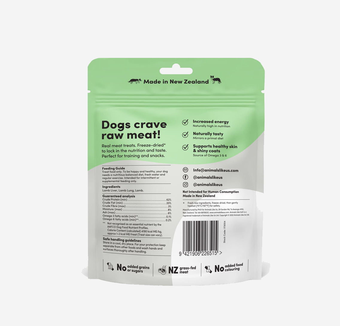 Animals Like Us Good Dog Treats are made of 100% New Zealand raw freeze-dried grass-fed lambs organs. The mixture is high in Protein, for increased muscle mass and energy, while rich in Omega 3 and 6 to help promote healthy skin and a shiny coat. Plus they are low in carbs. Ideal treat for training or snacks.