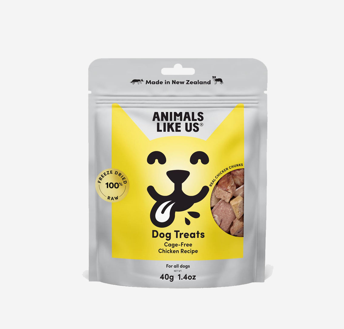 Animals Like Us Good Dog Treats are made of 100% New Zealand raw freeze-dried cage-free chicken organs. The mixture is high in Protein, for increased muscle mass and energy, while rich in Omega 3 and 6 to help promote healthy skin and a shiny coat. Plus they are low in carbs. Ideal treats for training or snacks.