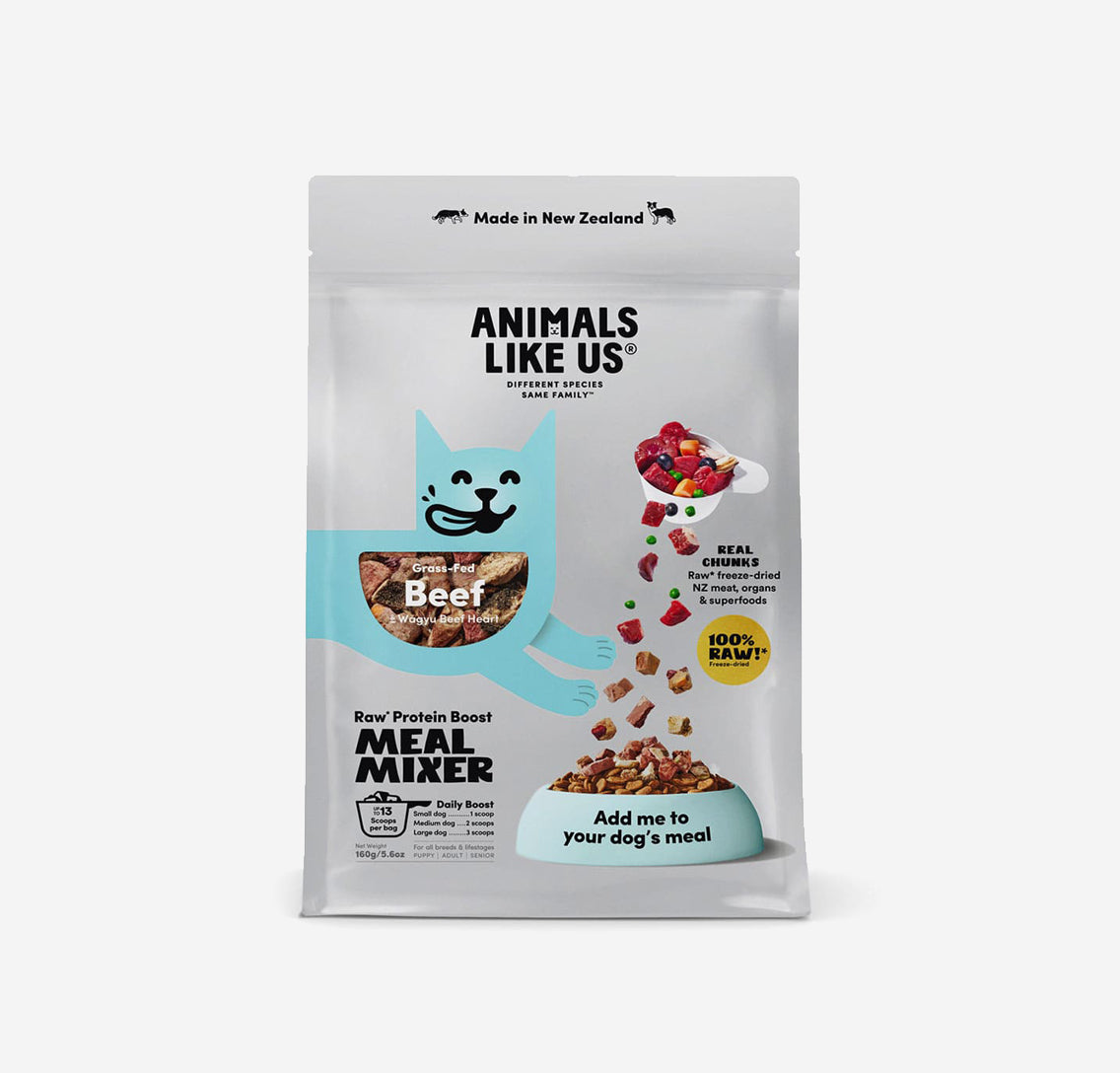 Animals Like Us Meal Mixer is made of 100% Raw freeze-dried New Zealand grass-fed beef, organs, Wagyu Beef heart, and superfoods. Supercharge your dog's diet with this tasty raw meat boost by adding to your dog's regular food to boost taste and nutrition. 