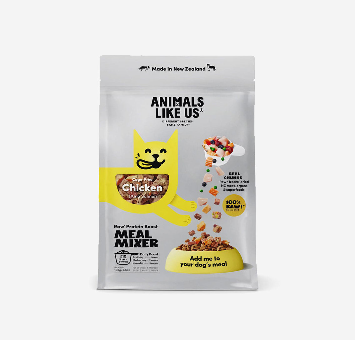 Animals Like Us Meal Mixer is made of 100% Raw freeze-dried New Zealand cage-free chicken and organs, New Zealand King Salmon, and superfoods. Supercharge your dog's diet with this tasty raw meat boost by adding to your dog's regular food to boost taste and nutrition.