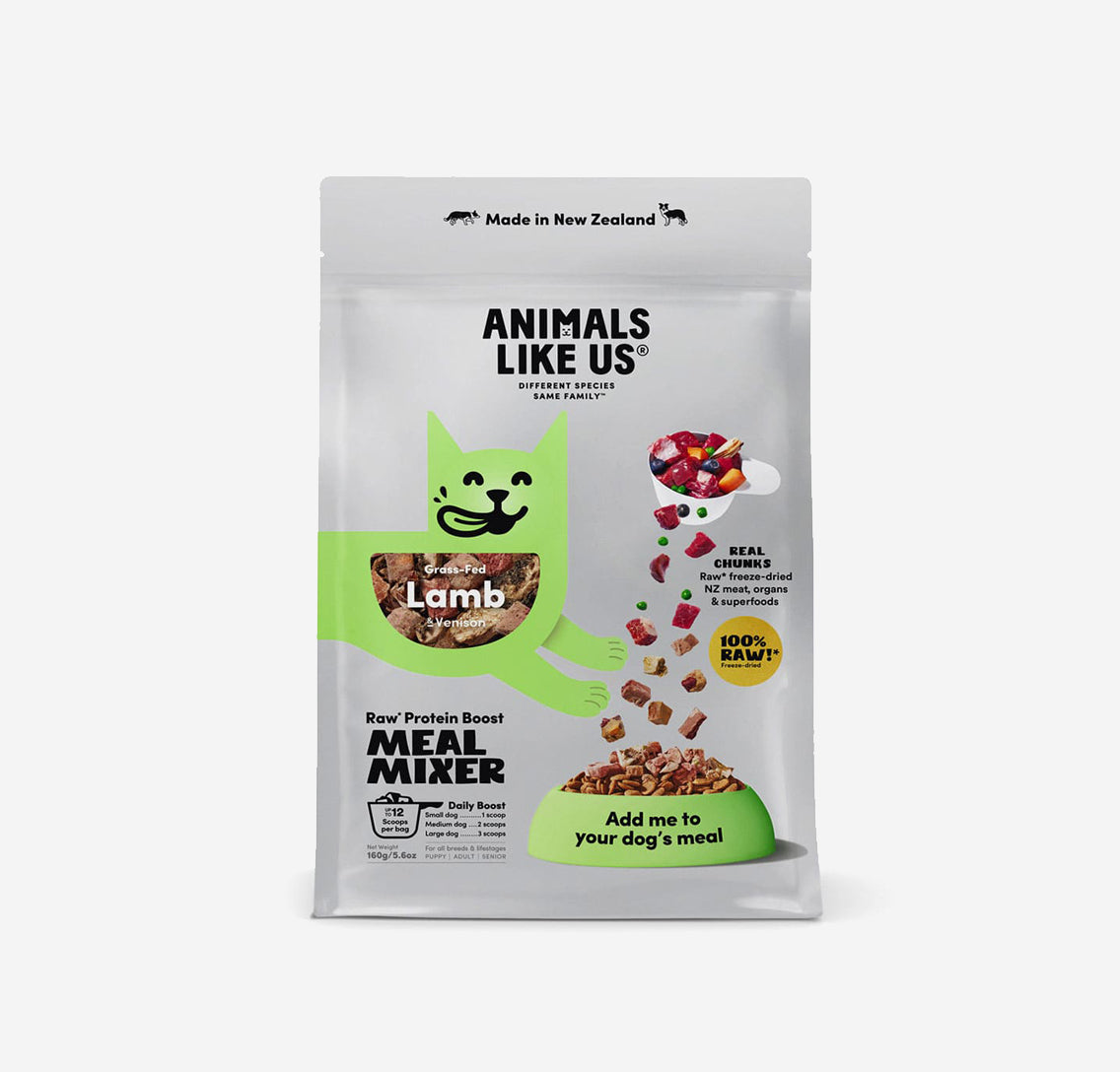 Animals Like Us Meal Mixer is made of 100% Raw freeze-dried New Zealand lamb, venison, organs, and superfoods. Supercharge your dog's diet with this tasty raw meat boost by adding to your dog's regular food to boost taste and nutrition. The mixture is high in Protein, for increased muscle mass and energy, Omega 3 & 6.