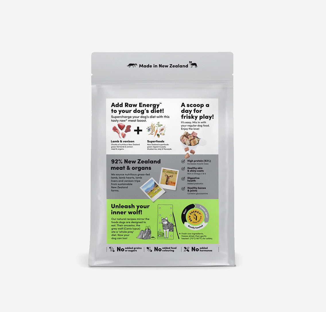 Animals Like Us Meal Mixer is made of 100% Raw freeze-dried New Zealand lamb, venison, organs, and superfoods. Supercharge your dog's diet with this tasty raw meat boost by adding to your dog's regular food to boost taste and nutrition. The mixture is high in Protein, for increased muscle mass and energy, Omega 3 & 6.