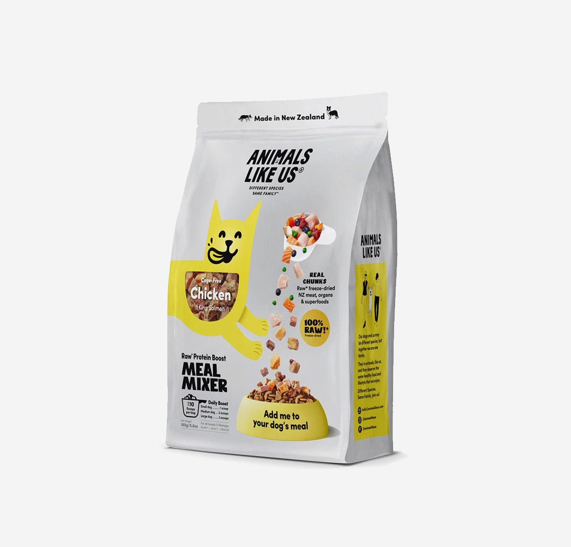 Animals Like Us Meal Mixer is made of 100% Raw freeze-dried New Zealand cage-free chicken and organs, New Zealand King Salmon, and superfoods. Supercharge your dog's diet with this tasty raw meat boost by adding to your dog's regular food to boost taste and nutrition.