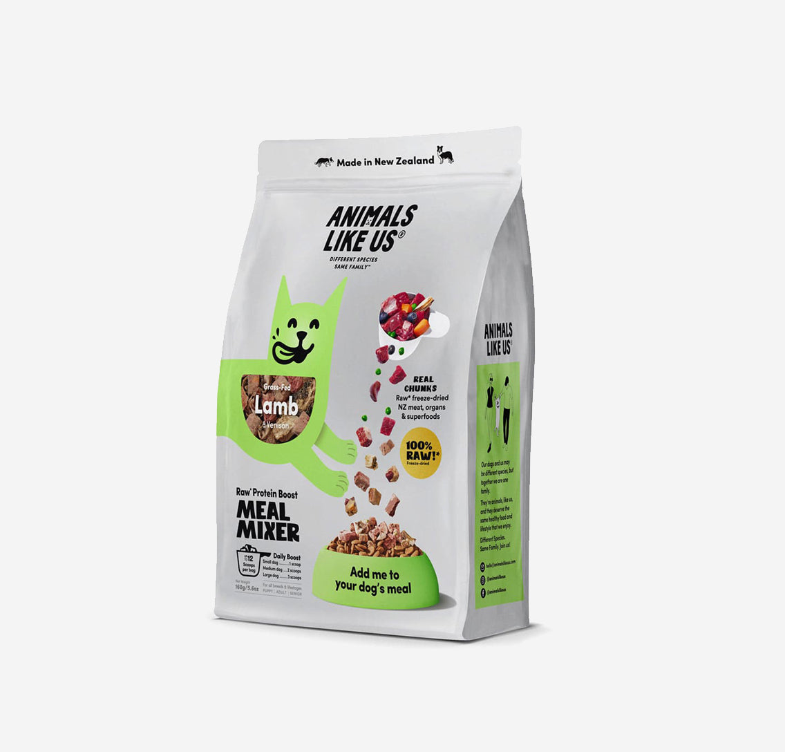 Animals Like Us Meal Mixer is made of 100% Raw freeze-dried New Zealand lamb, venison, organs, and superfoods. Supercharge your dog's diet with this tasty raw meat boost by adding to your dog's regular food to boost taste and nutrition. The mixture is high in Protein, for increased muscle mass and energy, Omega 3 & 6.