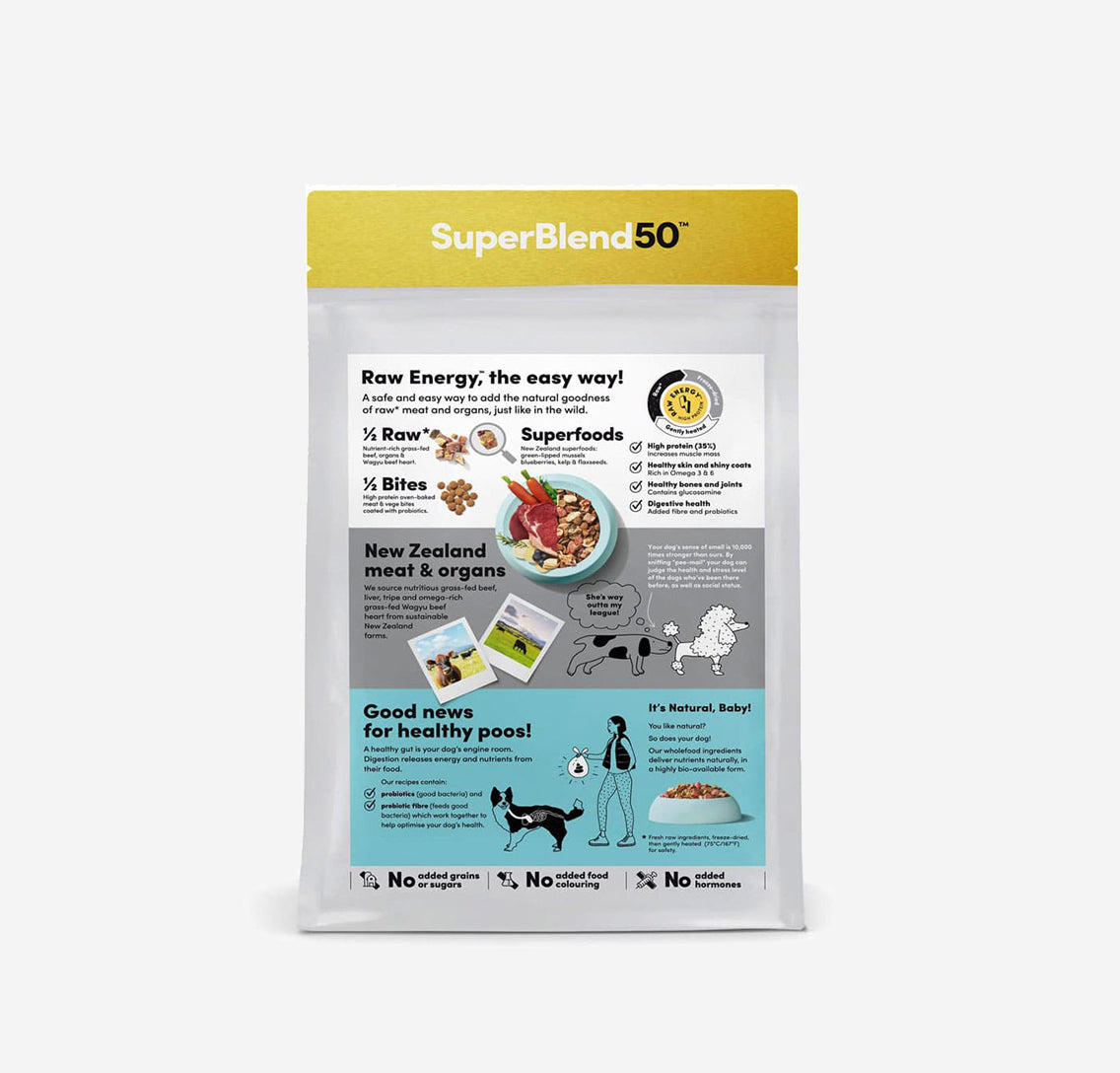 A tasty blend of 50% raw freeze-dried New Zealand grass-fed beef, liver, tripe, omega-rich grass-fed Wagyu Beef heart, & superfoods combined with 50% high protein oven-baked meat & Vege bites coated with probiotics. A safe & easy way to add the natural goodness of raw meat & organs. High in Protein, rich in Omega 3 & 6