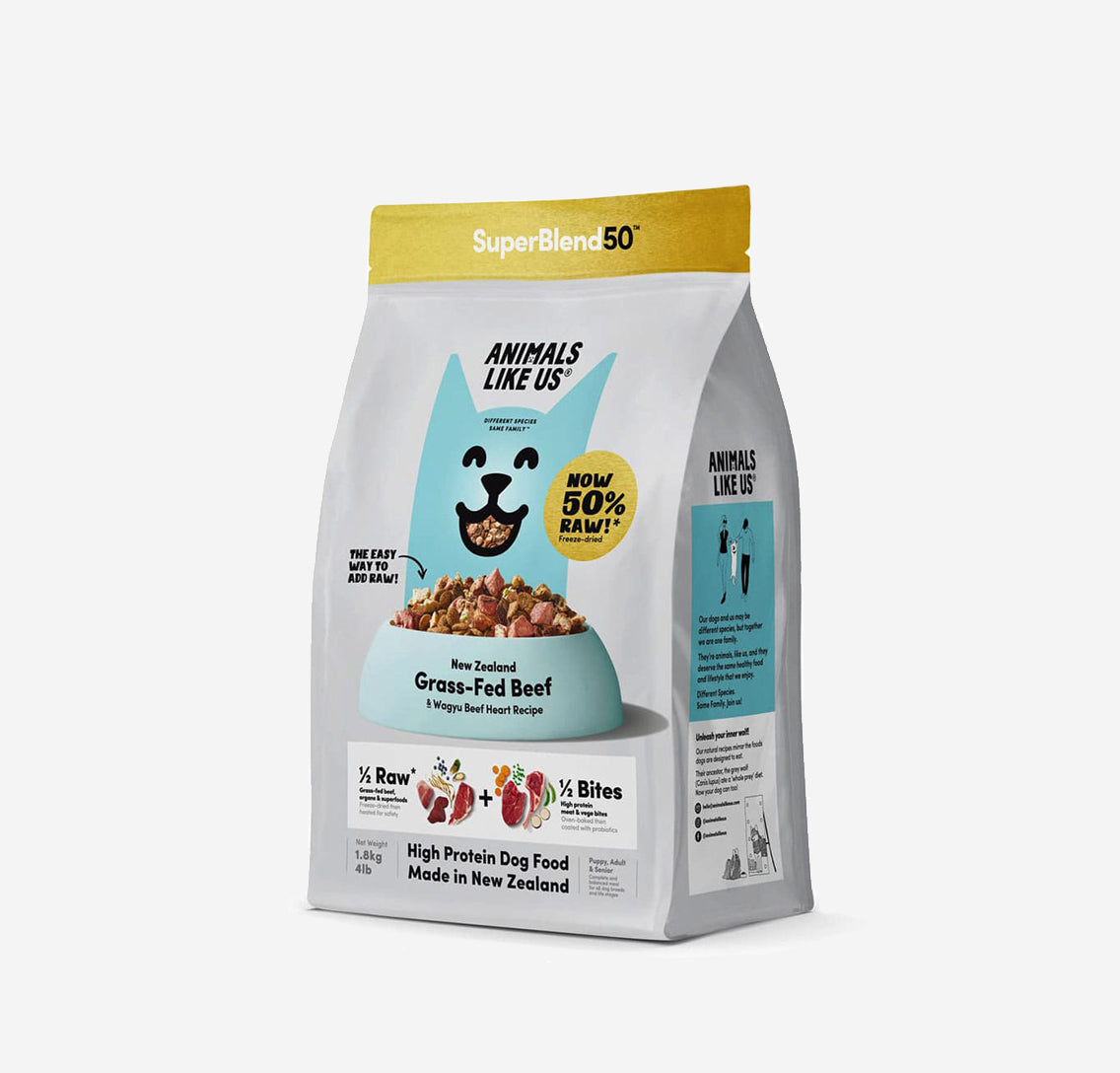 A tasty blend of 50% raw freeze-dried New Zealand grass-fed beef, liver, tripe, omega-rich grass-fed Wagyu Beef heart, & superfoods combined with 50% high protein oven-baked meat & Vege bites coated with probiotics. A safe & easy way to add the natural goodness of raw meat & organs. High in Protein, rich in Omega 3 & 6