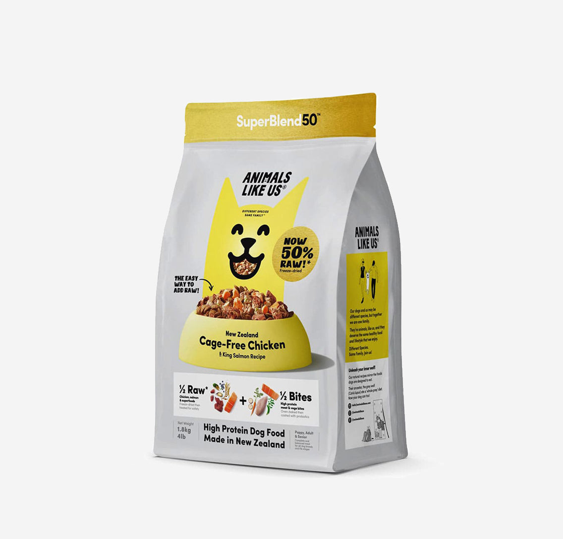 A tasty blend of 50% raw freeze-dried New Zealand cage-free chicken organs, New Zealand King Salmon, and superfoods combined with 50% high protein oven-baked meat and Vege bites coated with probiotics. A safe and easy way to add the natural goodness of raw meat and organs. High in Protein rich in Omega 3 and 6