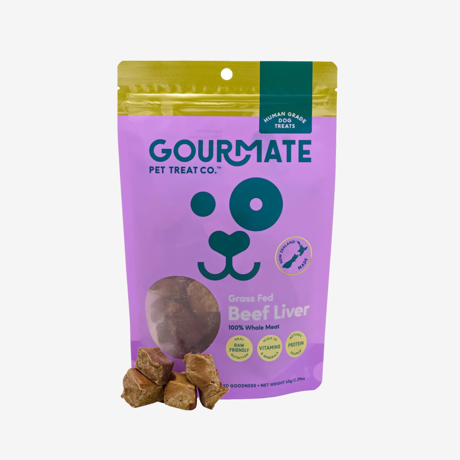 A purple pouch featuring a animal face icon in green, is filled with beef liver treats for dogs.