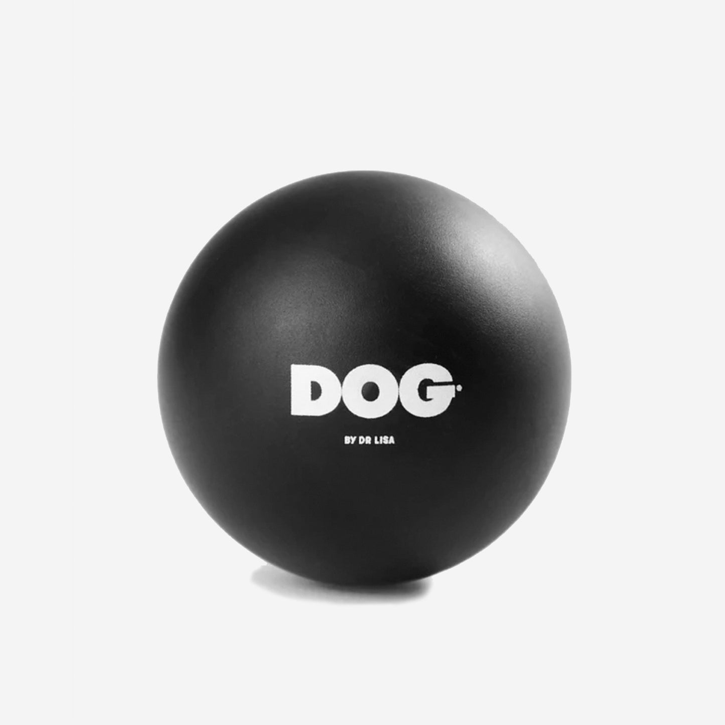 A black bouncey Dog Ball with a white Dog by Dr Lisa logo on it