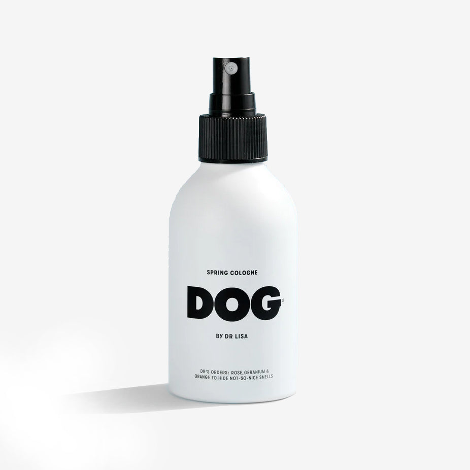 the front of a white dog spring cologne bottle with a black spray nozzle 