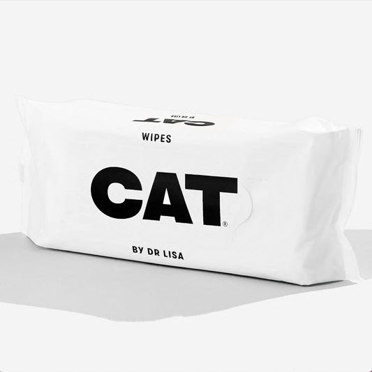 A white pack of cat pet wipes. With large black Cat text