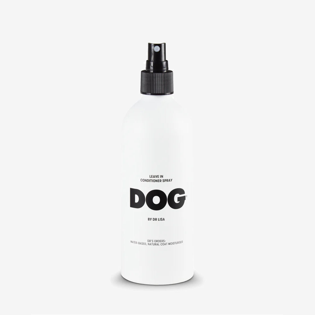 a white aluminium leave in dog conditioner spray bottle with black nozzle