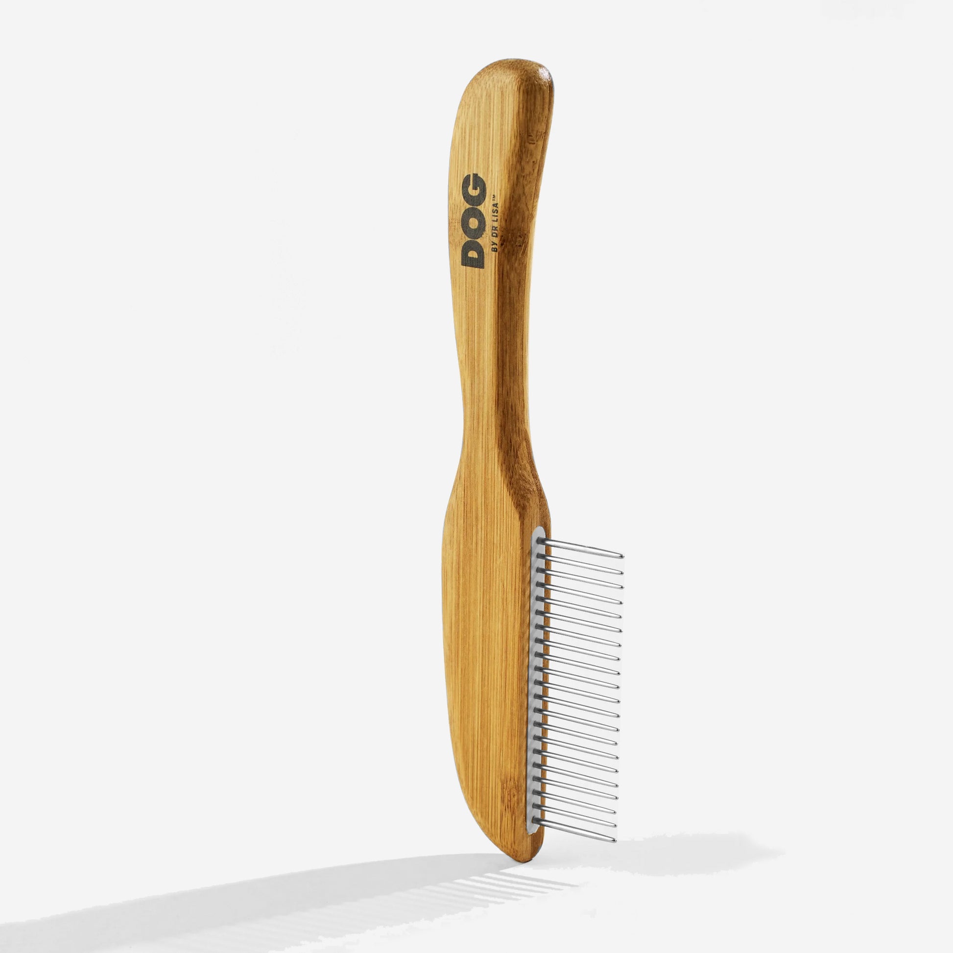 sustainable bamboo dog comb with a black logo on handle