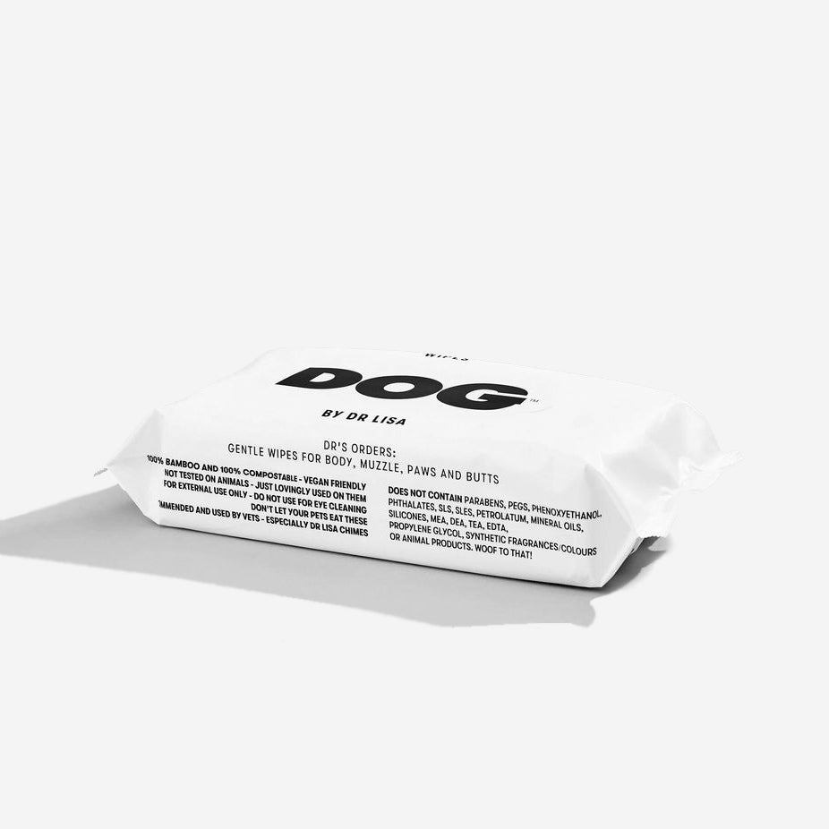 white pack of dog wipes with a list of materials and ingredients