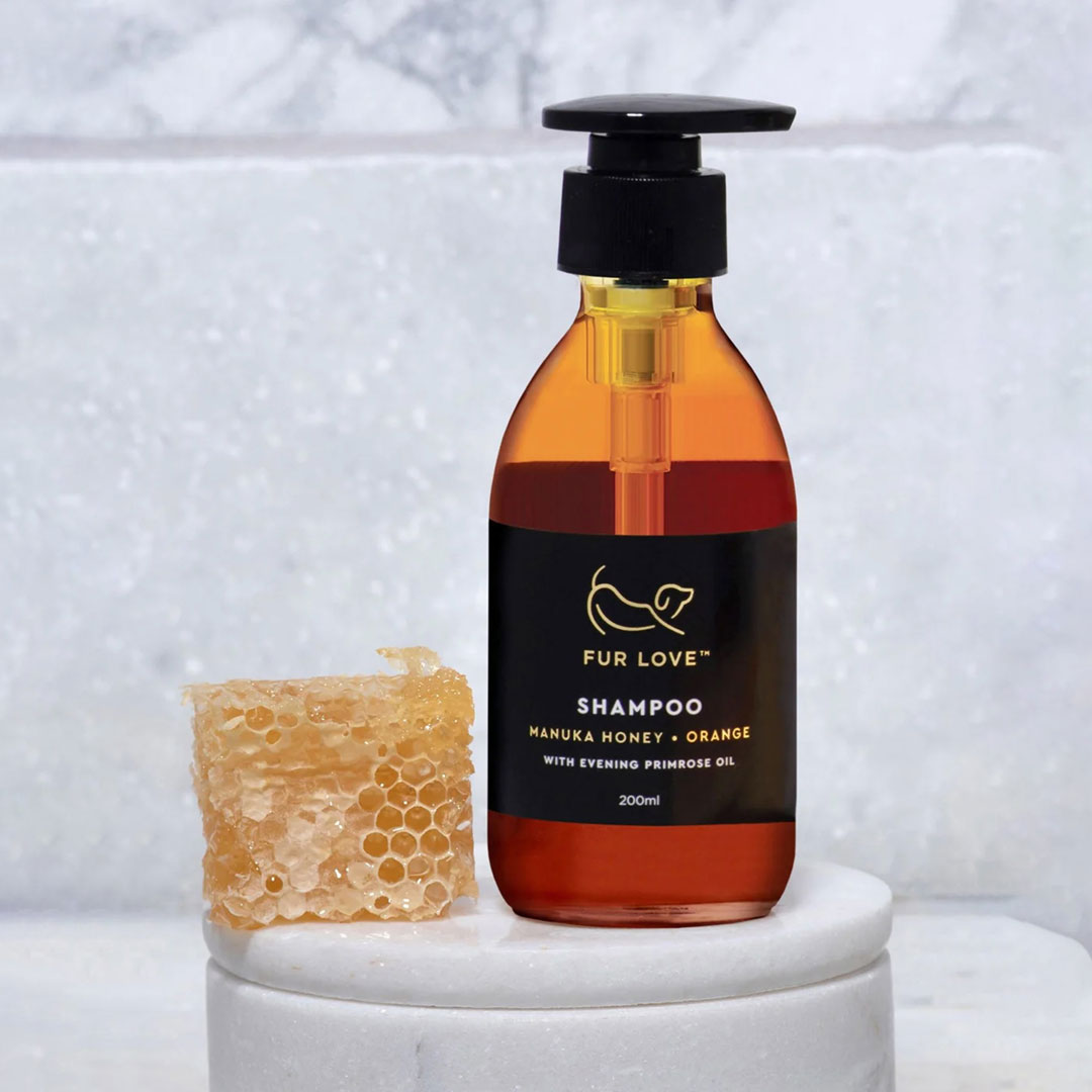 A clear brown bottle with a black pump, filled with manuka honey and orange dog shampoo, sat next to natural honey comb. In front of a marble background.