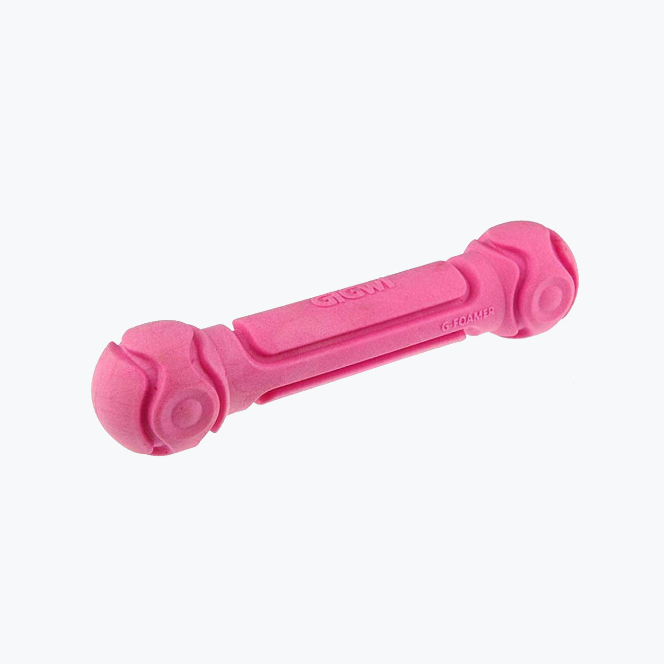 A pink foam and rubber dumbbell dog toy.