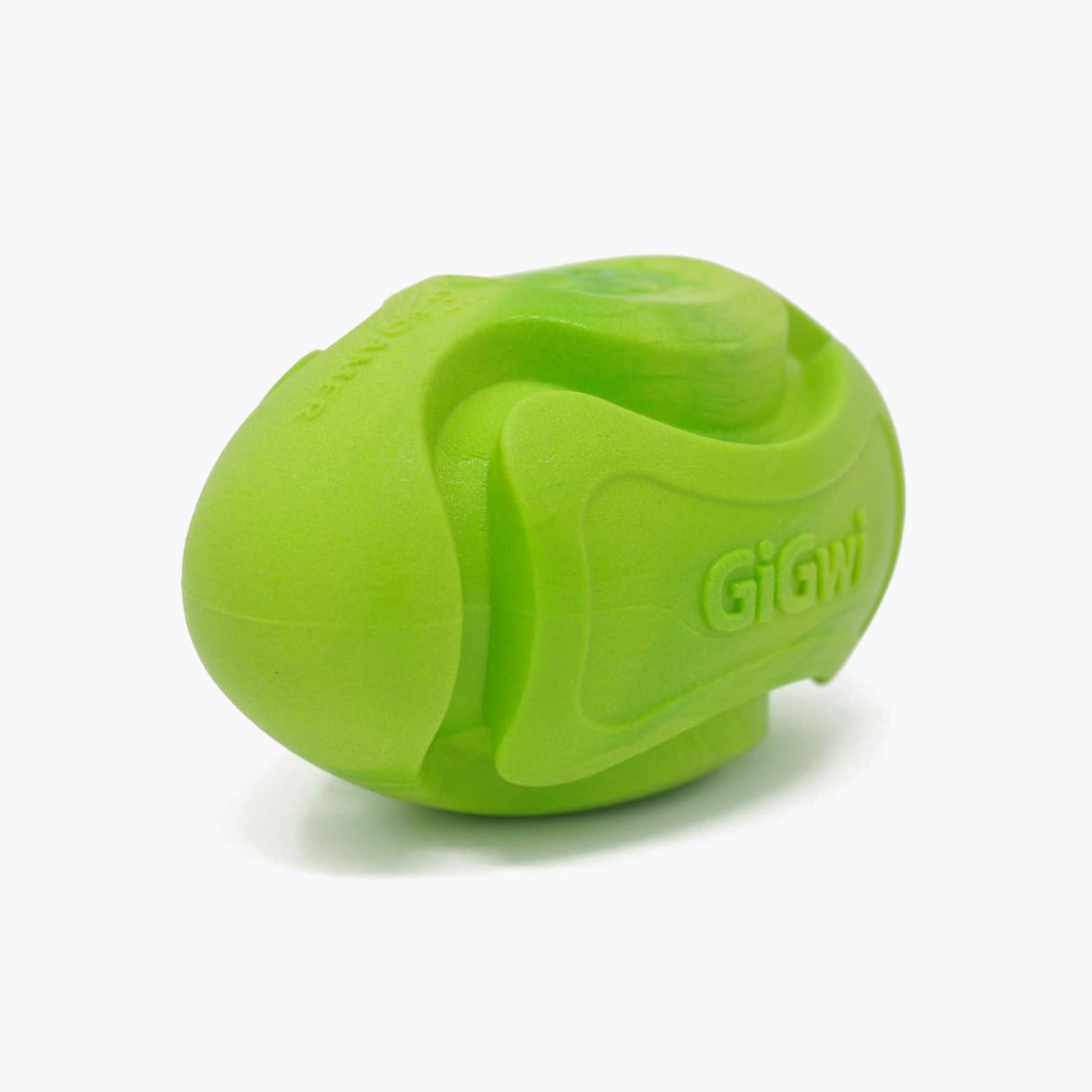 A three quarter view of a lime green foam and rugby dog ball.