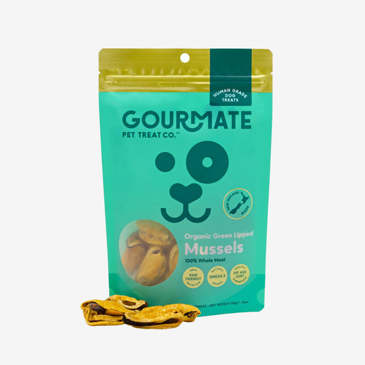 A mint green pouch featuring a animal face icon in green, is filled with mussel treats for dogs.