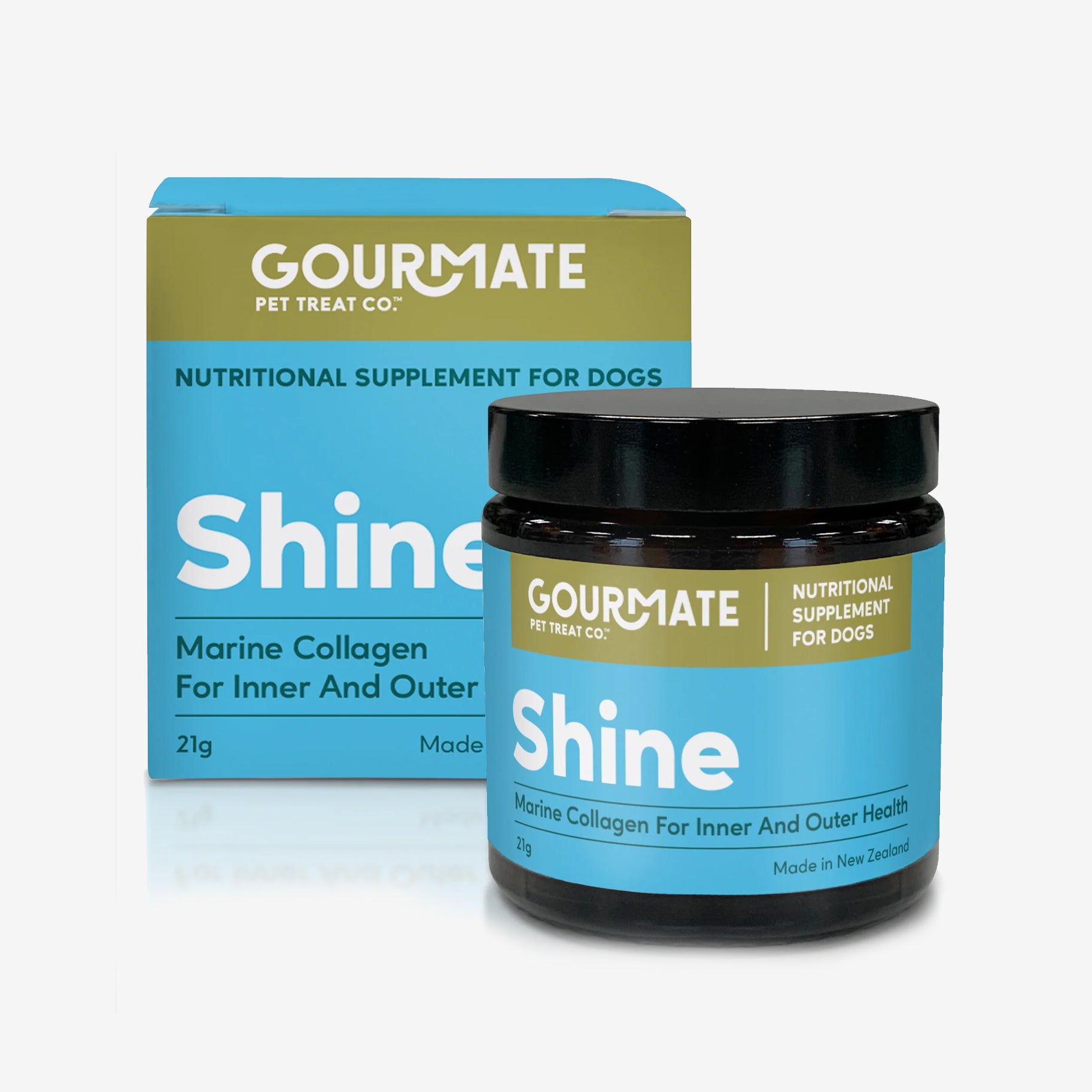 A glass black jar filled with marine collagen supplements for dogs. The jar sits in front of it's boxed packaging in turquoise and gold.