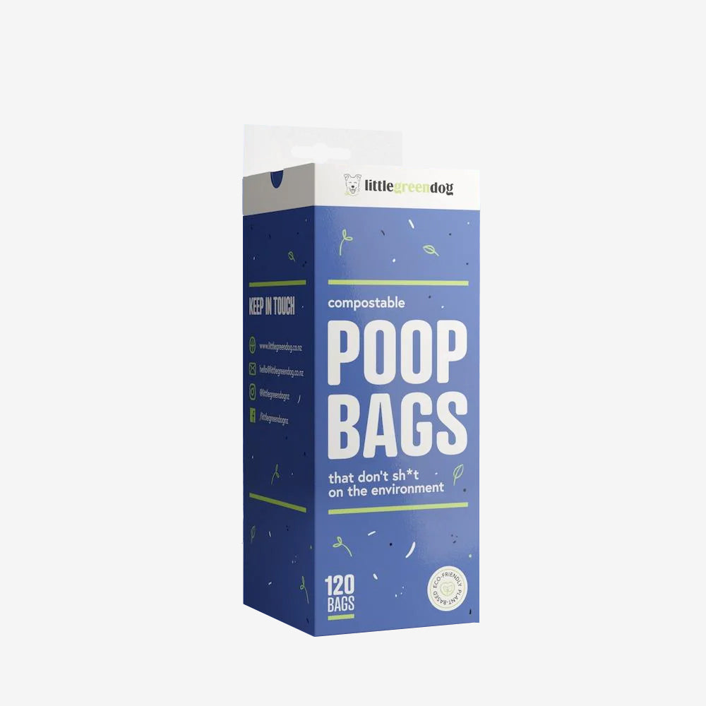 A three quarter of a blue box poop bag packaging. With the little green dog logo on.