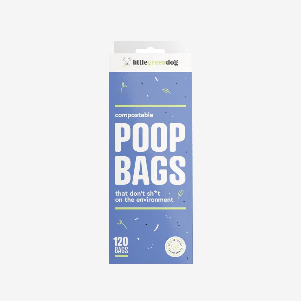 Blue box poop bag packaging. With the little green dog logo on.