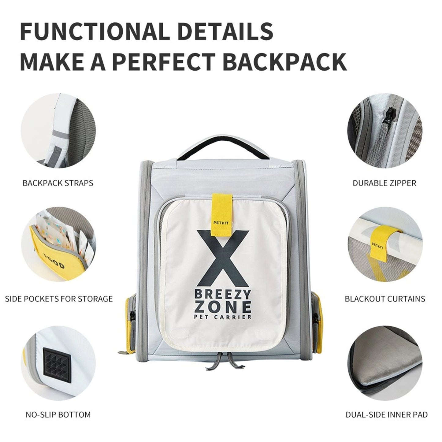 functional details of the a grey pet backpack by PetKit with extra tent space, featuring a yellow storage compartment