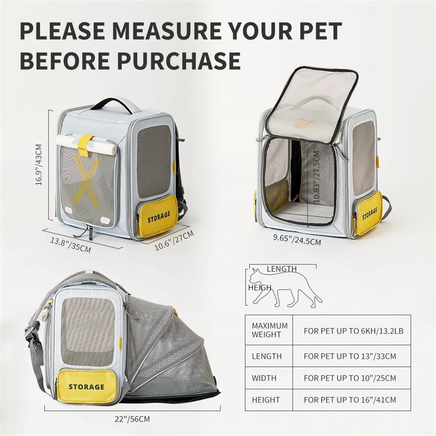 functional details of the a grey pet backpack by PetKit with extra tent space, featuring a yellow storage compartment