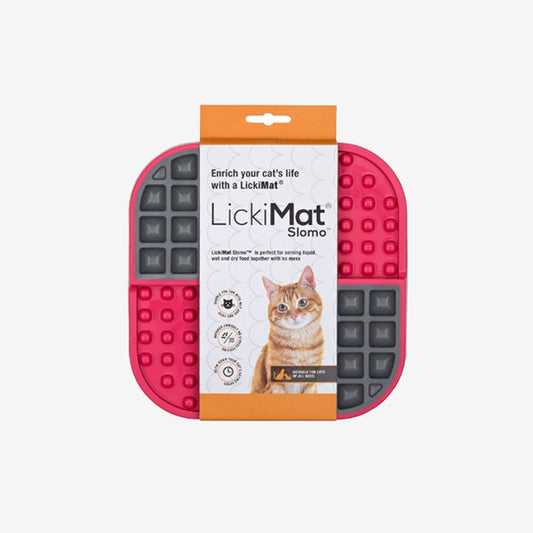 LickiMat Slomo for cats, featuring a pink and grey textured surface, packaged with an orange label displaying a cat image.