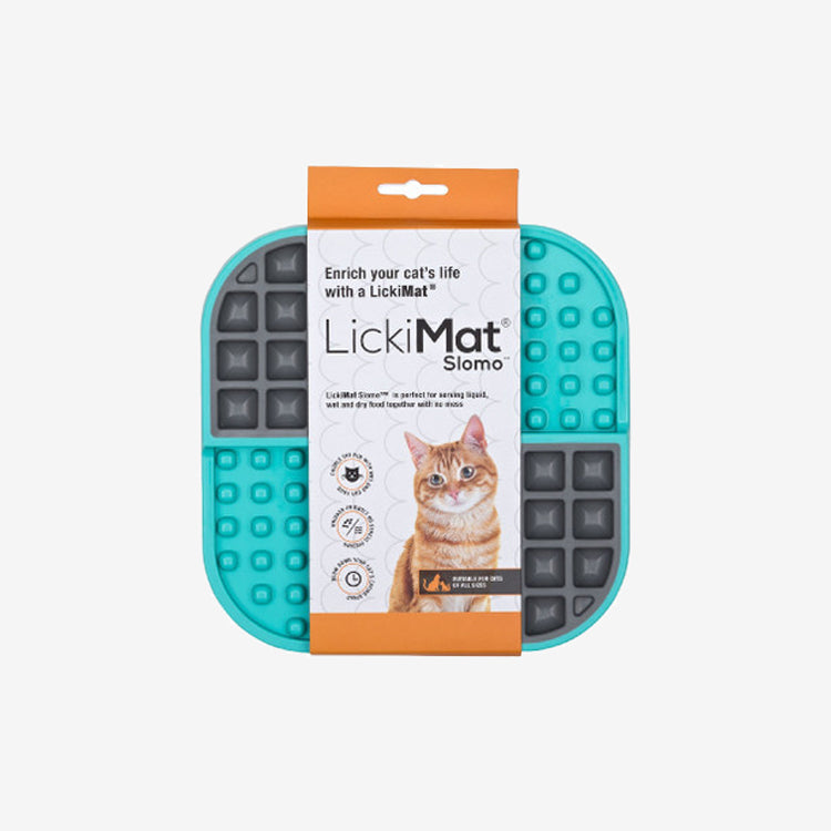 LickiMat Slomo for cats, featuring a turquoise and gray textured surface, packaged with an orange label displaying a cat image.