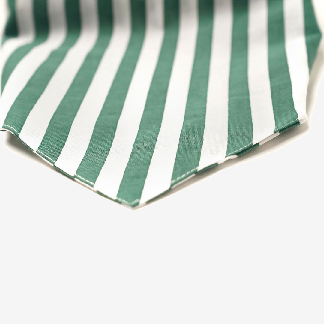 Close up of a 100% cotton dog bandana with patterned with green and white stripes