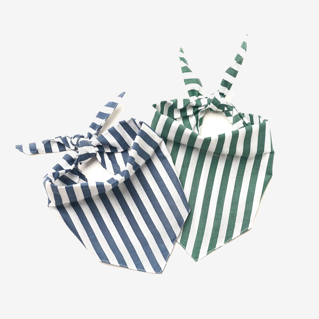 2 stripey 100% cotton dog bandanas in navy blue and white and and green and white