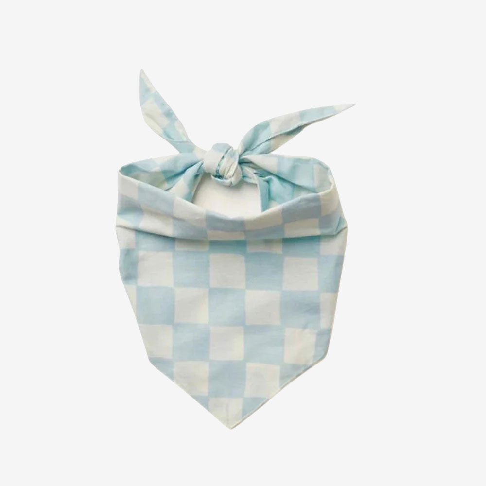 100% cotton dog bandana with a checkered pattern in pale blue and white