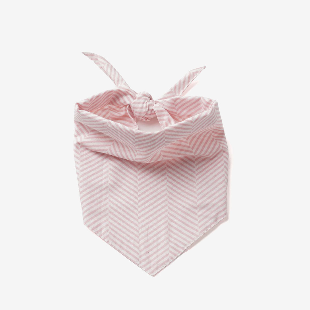 A100% cotton dog bandana patterned pale pink herringbone on white