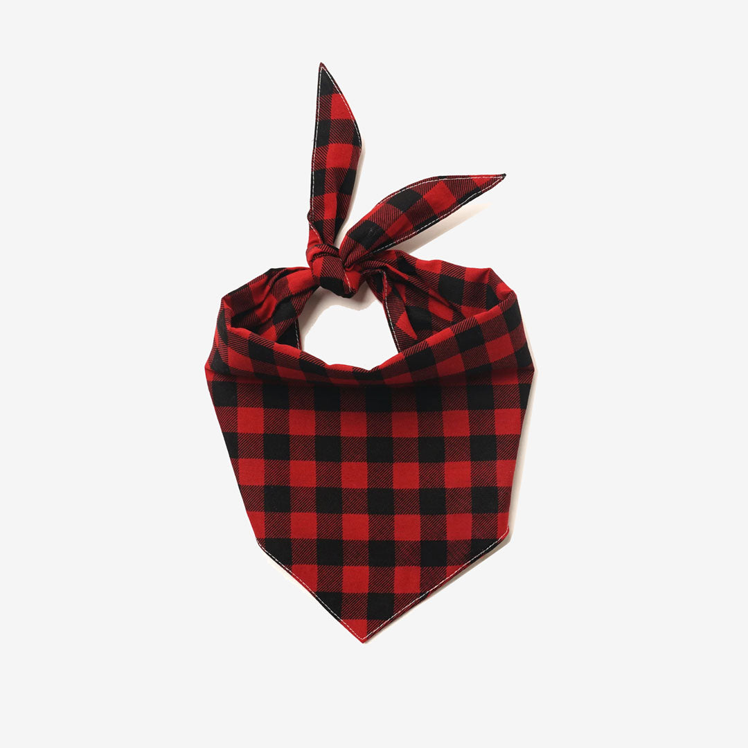 A 100% cotton plaid dog bandana in red and black check