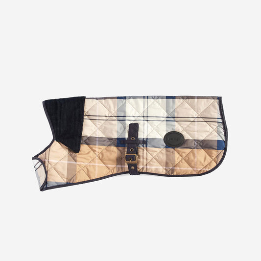 Quilted dog jacket in beige plaid, featuring a corduroy collar and a buckle closure, labeled with the Barbour logo.