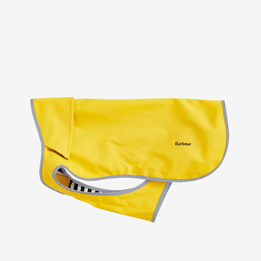 Bright yellow dog raincoat with grey trim and striped lining, featuring the Barbour logo. Perfect for wet weather adventures.