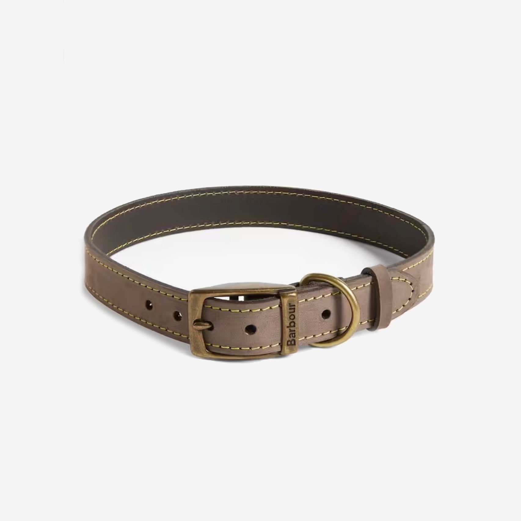 Brown leather dog collar with brass buckle and contrasting yellow stitching, featuring a Barbour logo tag.