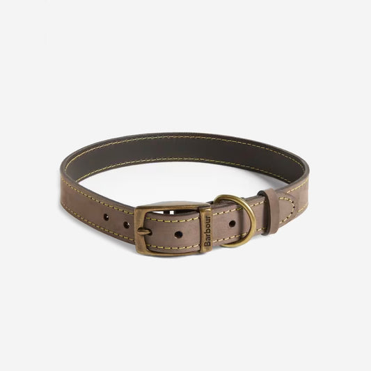 Brown leather dog collar with brass buckle and contrasting yellow stitching, featuring a Barbour logo tag.