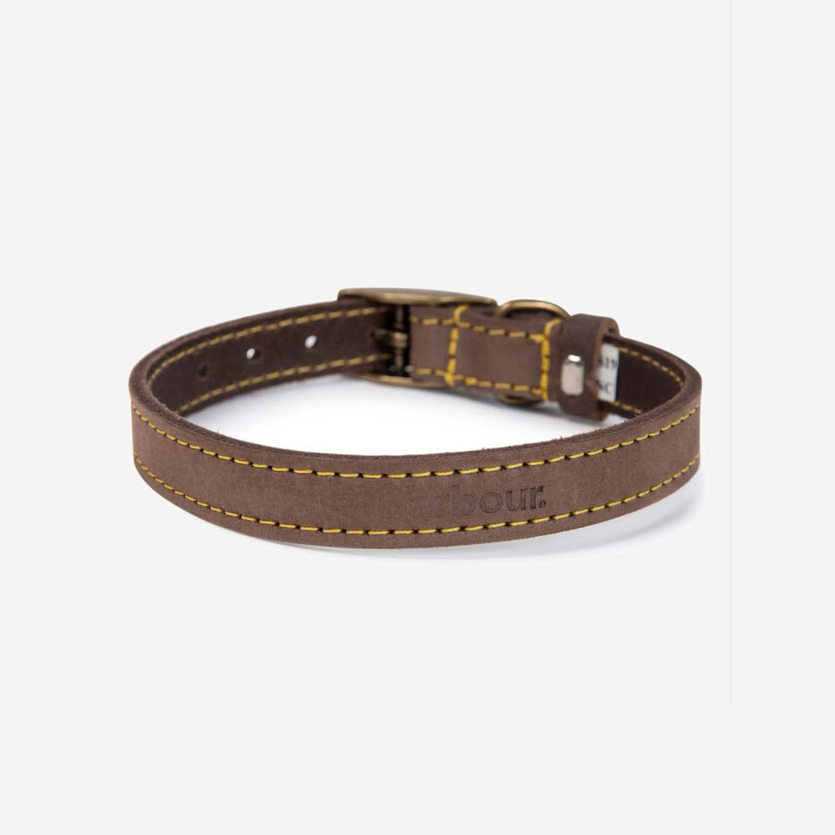 A brown leather dog collar with yellow stitching and a metal buckle, featuring the embossed brand name "Barbour."