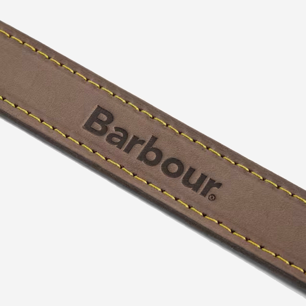 Close-up of a brown leather dog collar embossed with "Barbour," featuring yellow stitching along the edges.
