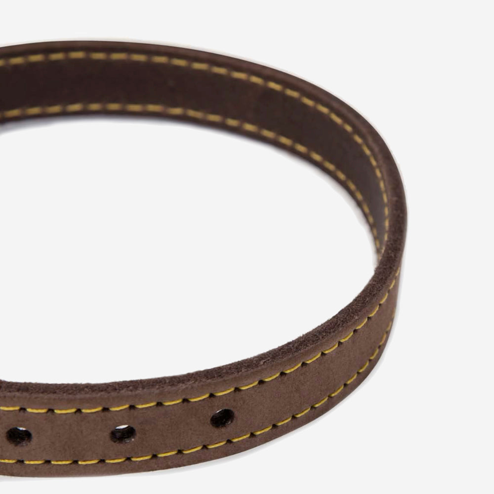 Brown leather dog collar with yellow stitching and multiple holes for adjustment, showcasing a minimalist design against a white background.