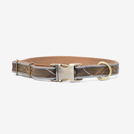 A stylish dog collar made of durable fabric with a metal buckle and D-ring, featuring a subtle tartan pattern.