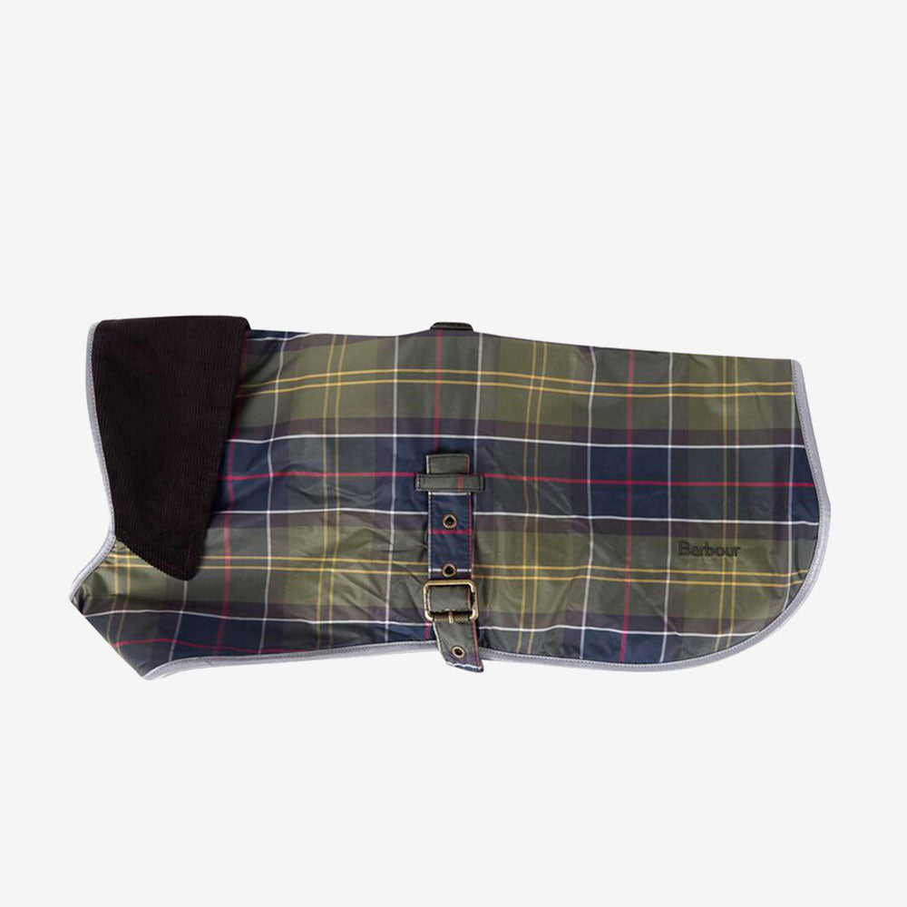A stylish green plaid dog coat featuring a brown corduroy collar and a buckle strap, labeled with the Barbour logo.