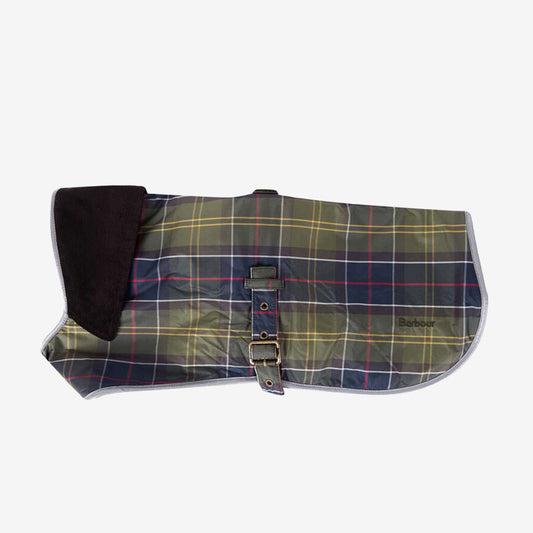 A stylish green plaid dog coat featuring a brown corduroy collar and a buckle strap, labeled with the Barbour logo.