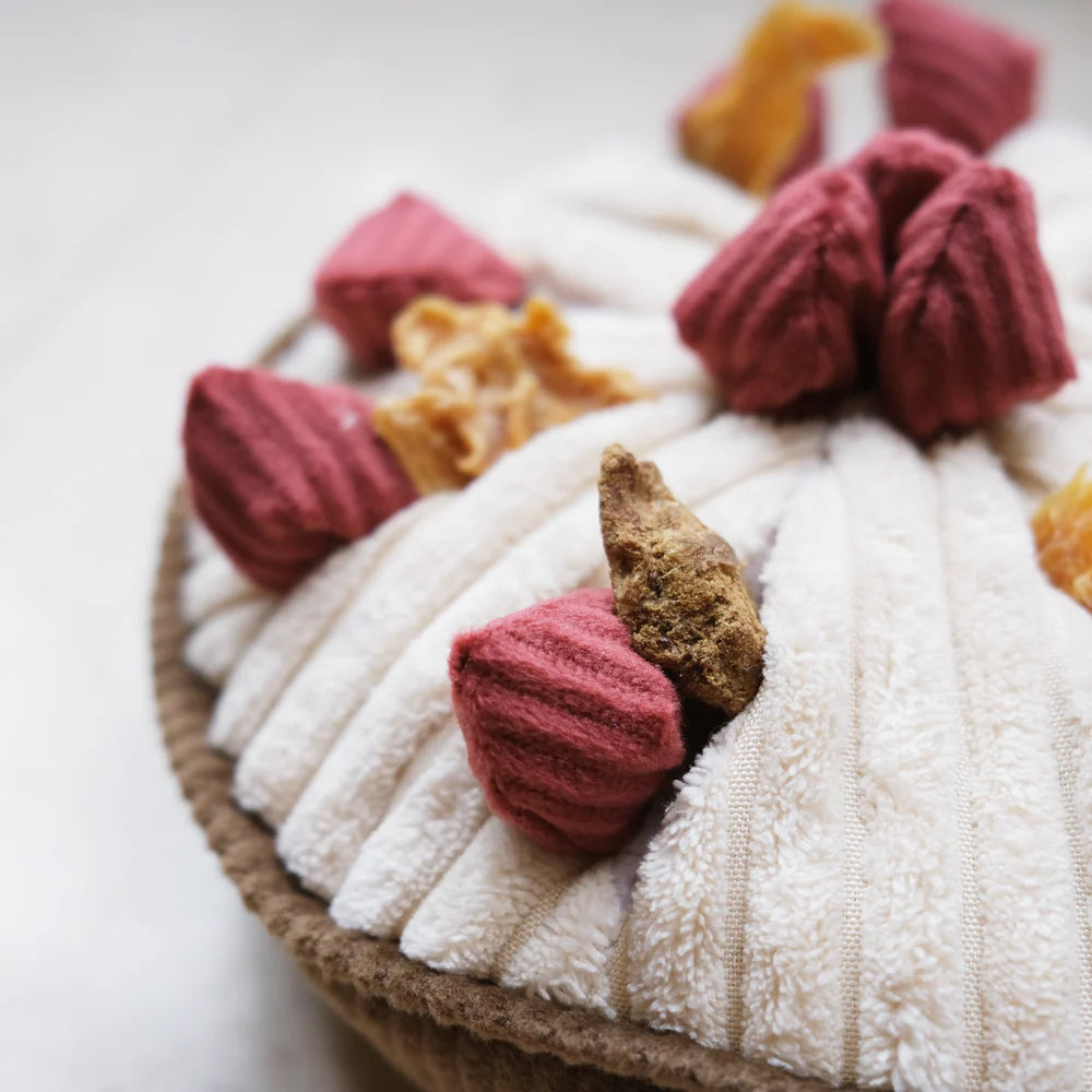 A close up of dog treats nestled into snuffle pockets, on a cream plush berry pie, dog toy. Seven rose coloured berries on a cream fabric and brown base.