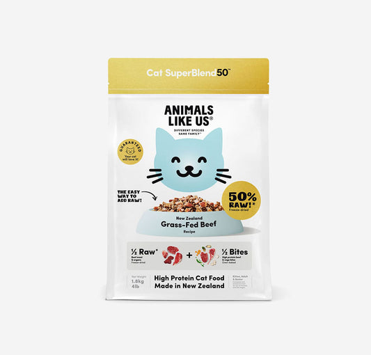 A tasty blend of 50% raw freeze-dried New Zealand grass-fed beef meat and organs, combined with 50% high protein oven-baked beef and Vege bites coated with probiotics. A safe and easy way to add the natural goodness of raw meat and organs. With real meat added and vitamins & minerals, even the fussiest of cats will love the taste. Plus it's natural in fibre and rich in Omega 3 & 6.