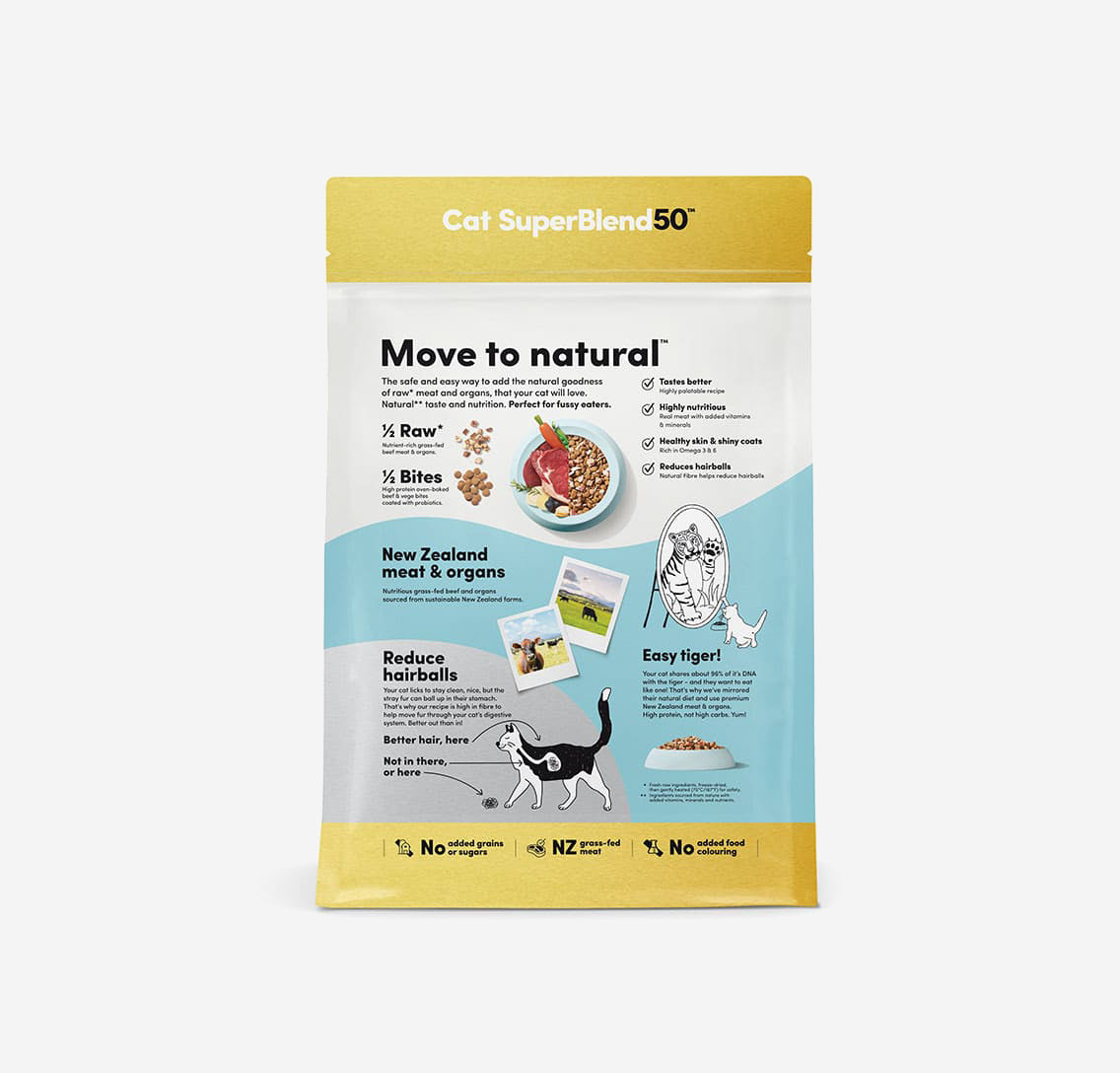 A tasty blend of 50% raw freeze-dried New Zealand grass-fed beef meat and organs, combined with 50% high protein oven-baked beef and Vege bites coated with probiotics. A safe and easy way to add the natural goodness of raw meat and organs. With real meat added and vitamins & minerals, even the fussiest of cats will love the taste. Plus it's natural in fibre and rich in Omega 3 & 6.